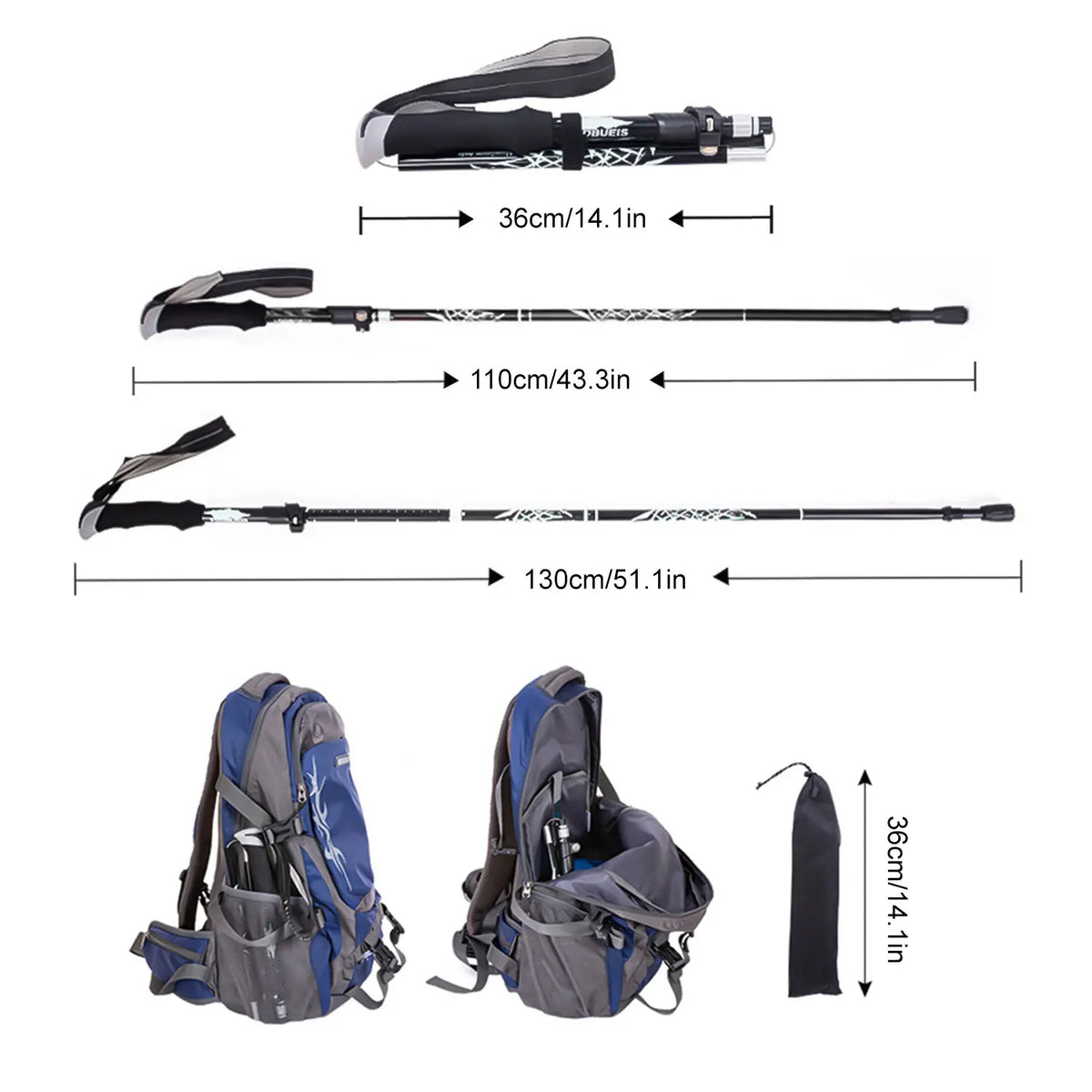 Bâton de randonnée télescopique 5 sections – Canne de marche pliable pour senior, trekking et marche nordique