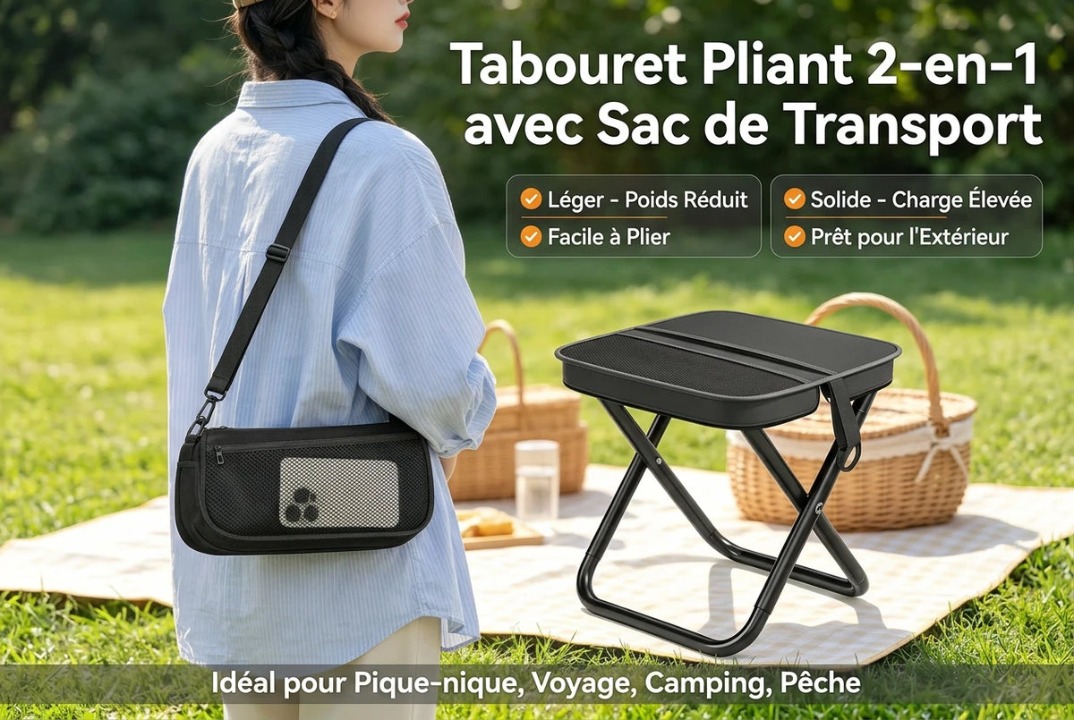 Tabouret Pliant 2-en-1 avec Sac de Transport – Léger & Compact
